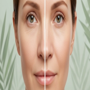 A before and after split screen of a woman who has used peptide 10. There is a clear difference in the after side of the image. 