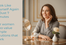 See the Woman You Remember in the Mirror A confident woman in her mid-40s sits peacefully at an elegant vanity table in soft morning light, with her hands resting gracefully on the clean, organized surface. She has a gentle, knowing smile that reflects quiet self-assurance and contentment with her established beauty routine.