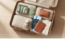 The Travel Preparation Most People Forget (But Shouldn’t) Winter travel essentials flat lay featuring Natural Colon digestive supplement, passport, ski lift tickets, and warm accessories on cashmere texture background for confident holiday travel