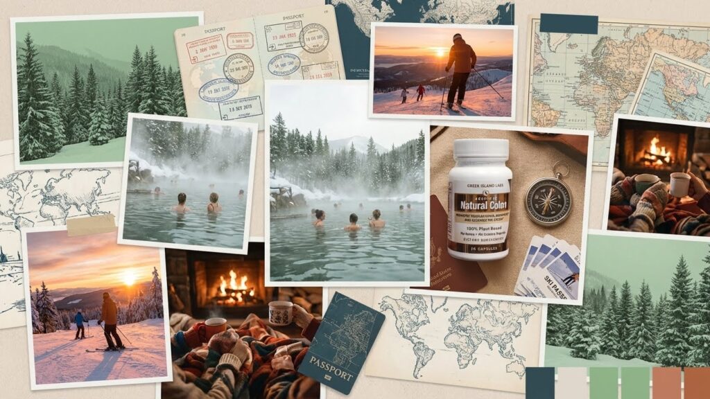 Winter travel inspiration mood board collage featuring Natural Colon digestive supplement with mountain views, cozy cabins, and holiday destinations