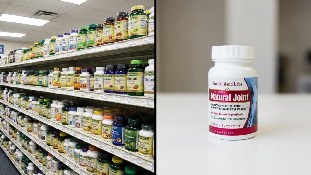 Split image showing crowded pharmacy supplement aisle with generic joint health products compared to clean, targeted golf-specific supplement solution