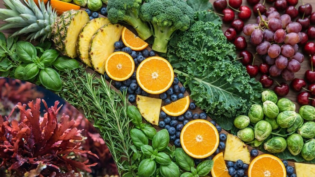 Comprehensive collection of premium natural ingredients for golf-specific joint health including red marine algae (Lithothamnion Corallioides), fresh rosemary and basil herbs, antioxidant-rich pineapple, oranges, blueberries, tart cherries, grapes, and nutrient-dense green vegetables like broccoli, kale, and Brussels sprouts, all arranged in professional food photography showcasing the complete formulation for golfer joint support and recovery