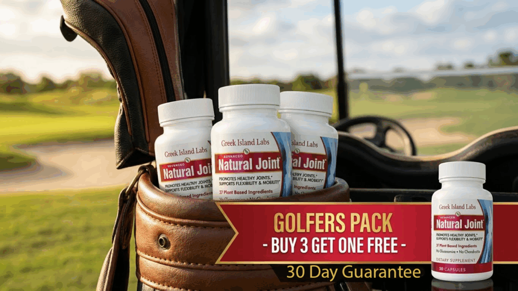 Professional product photography of golf-specific joint health supplement bottles in premium packaging, shown in golf course environment setting