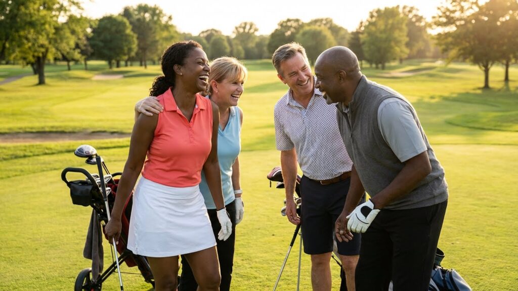 Four vibrant friends in their 50s, two men and two women, share a joyful moment on a lush green fairway, bathed in the warm, golden light of sunset.