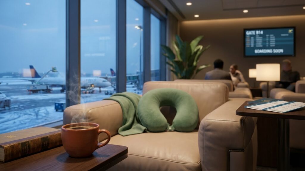 "Premium airport lounge Natural Colon supplement with snow-dusted tarmac view, representing prepared winter business travel"