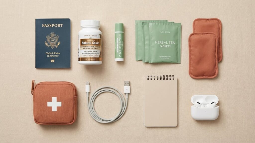 Confident traveler exploring kit for snow-covered European city with Natural Colon, enabling worry-free winter urban food exploration